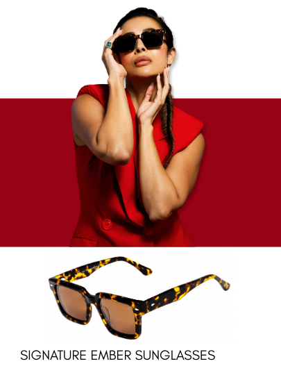 male and female model wearing blue and red eyewear